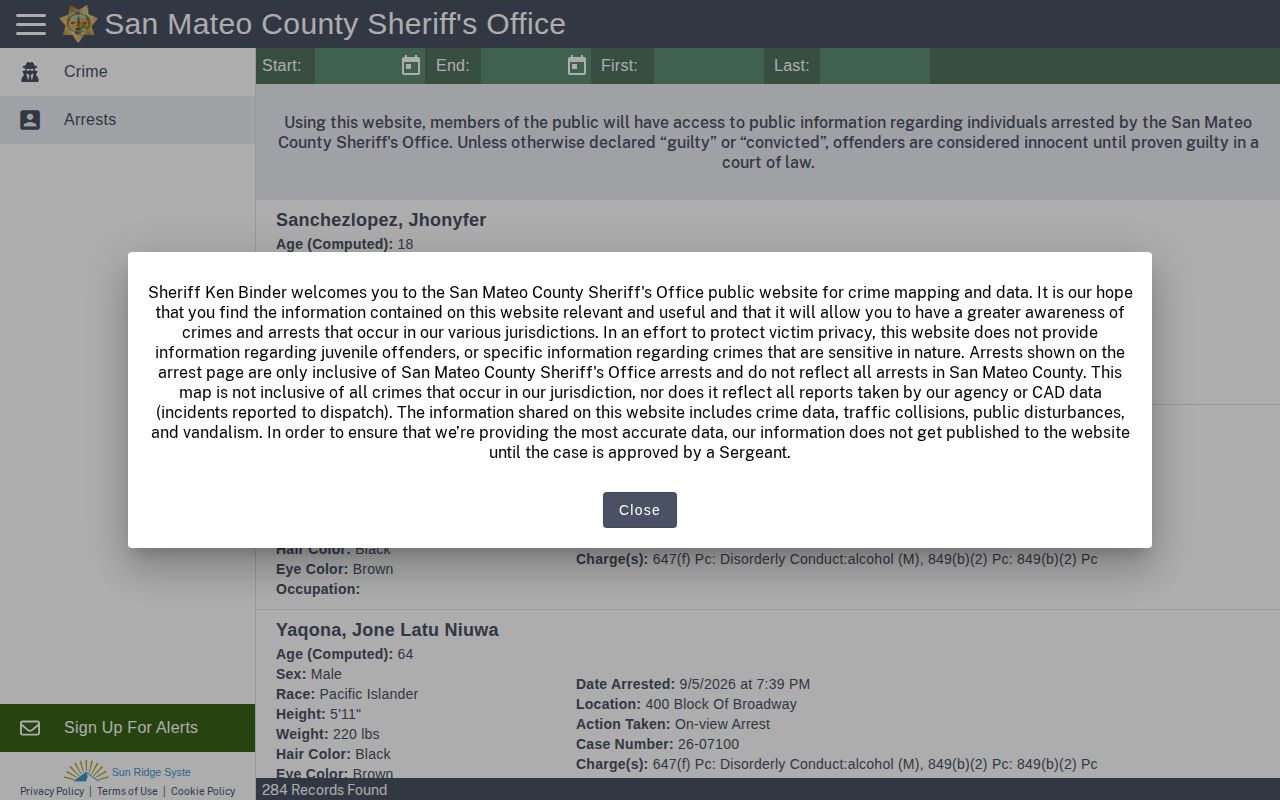 San Mateo County Sheriff CitizenRIMS arrest search controls