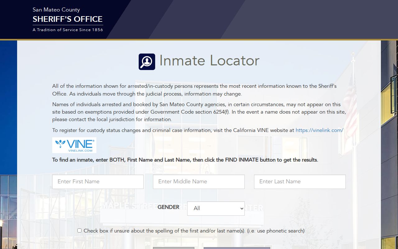 San Mateo County Sheriff Inmate Locator search page
