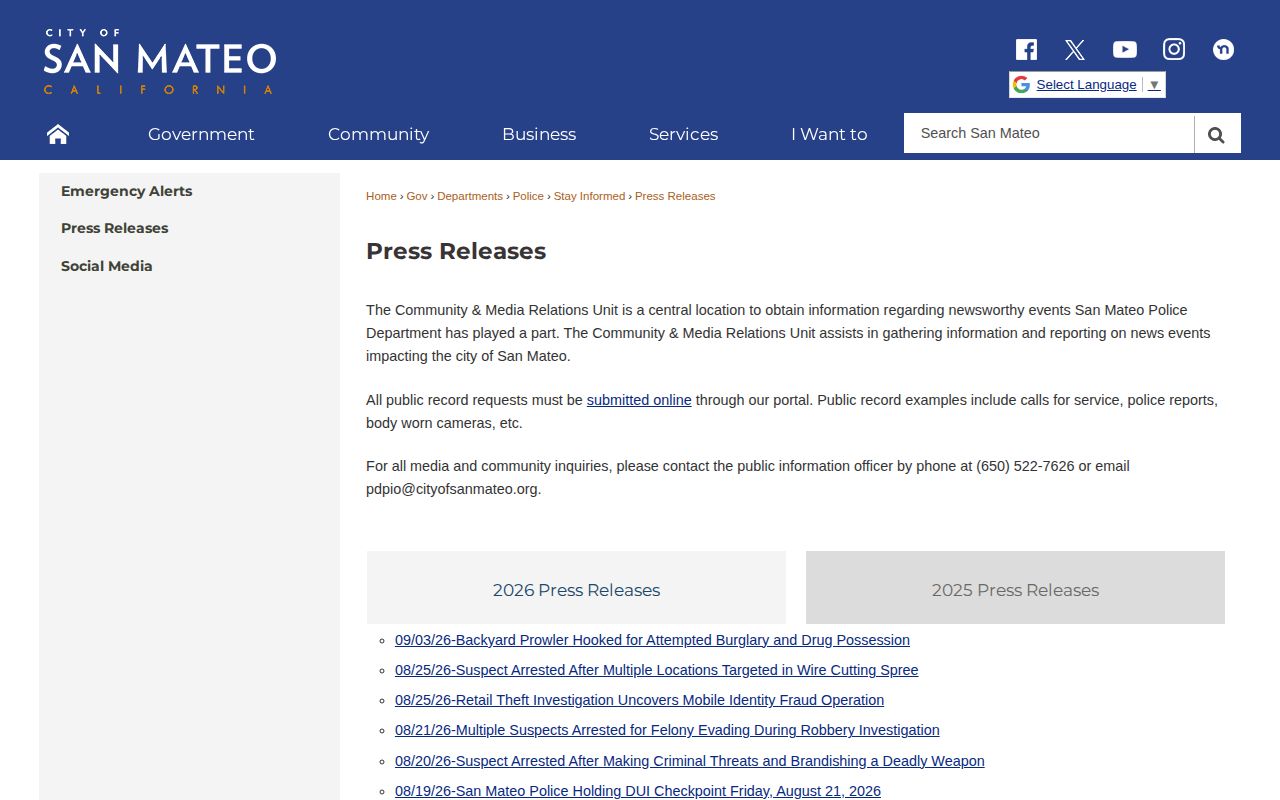 San Mateo Police Department press releases page for selected city public-safety updates