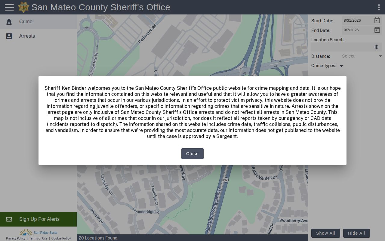 San Mateo County Sheriff CitizenRIMS recent arrest portal