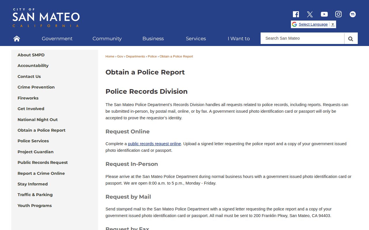 San Mateo Police report request page with official access options