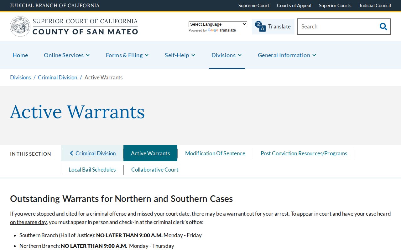 San Mateo Superior Court active warrant instructions