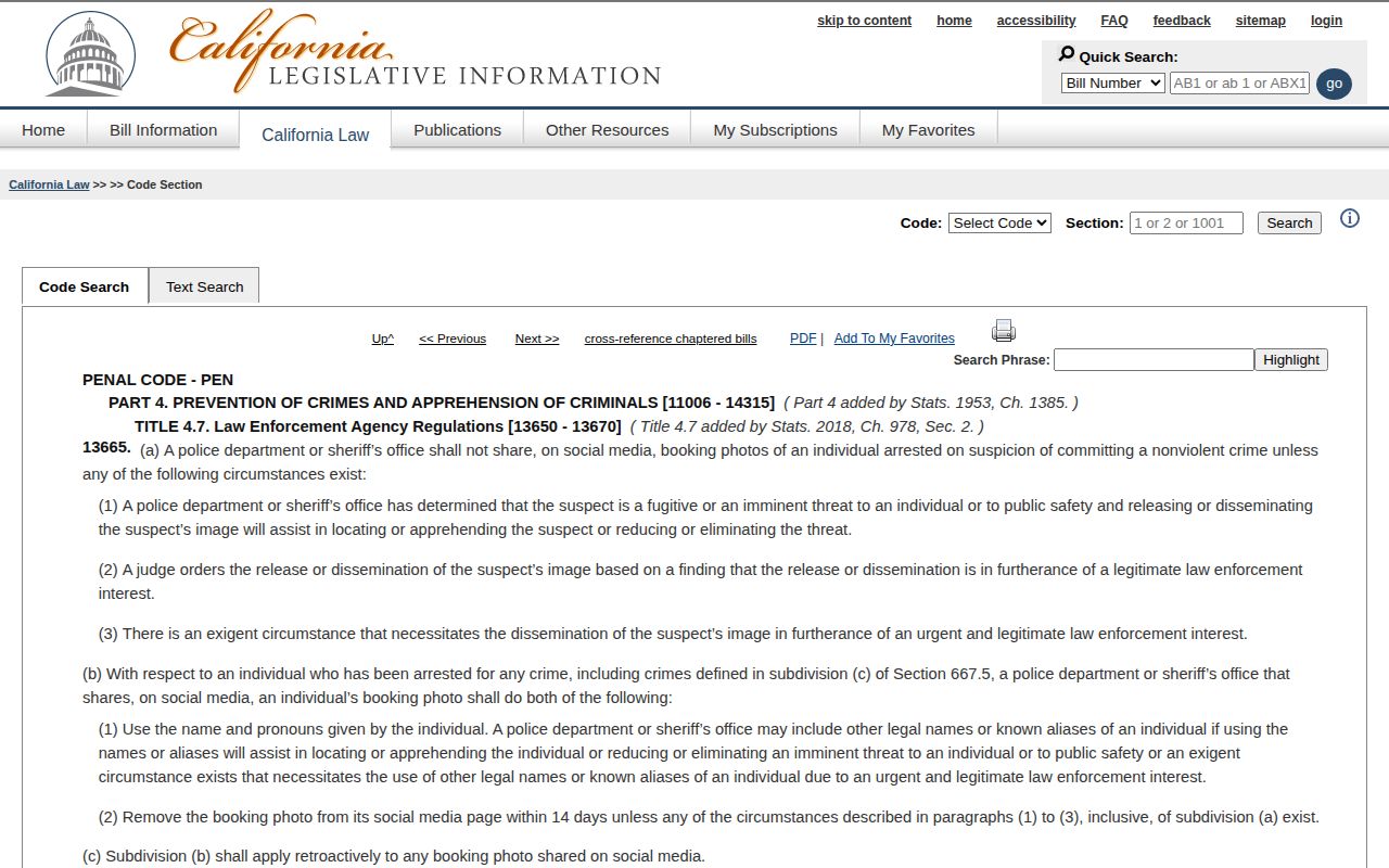 California Penal Code section 13665 official page
